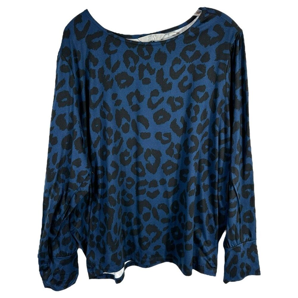 LaunGy by Giuliana Plus Size 3X Top Blue Black Leopard Print Knit Stretch 1637
